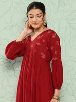 Thumbnail for Janasya Women's Maroon Rayon Solid Party Gathered Kurta - Distacart