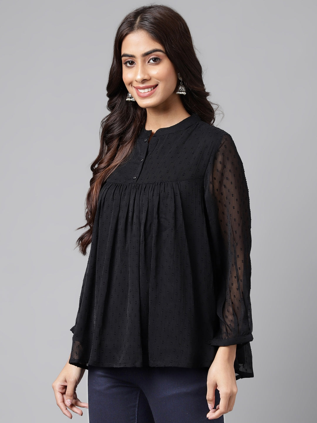 Janasya Women's Black Dobby Chiffon Solid Casual Empire Top - Distacart