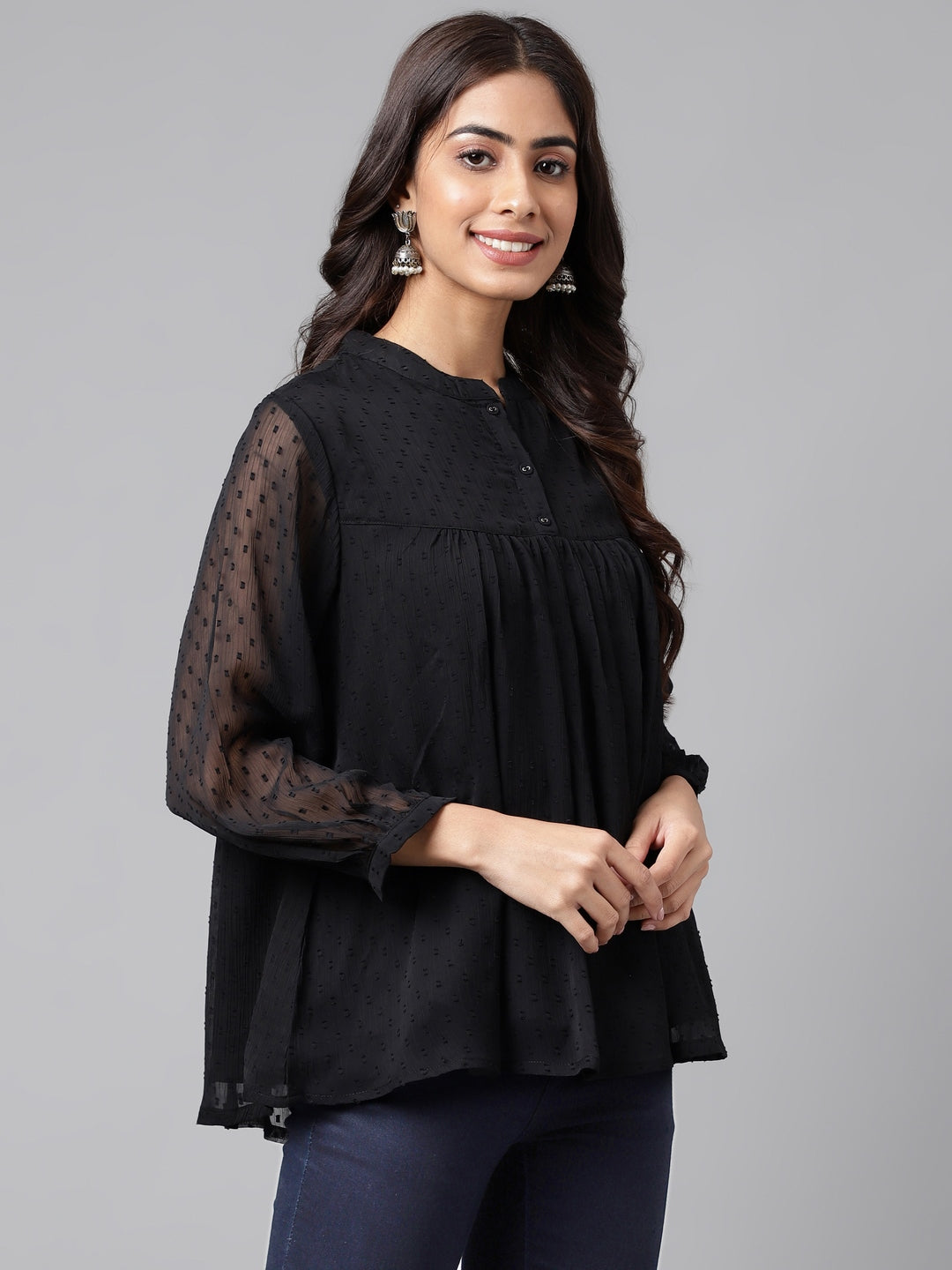 Janasya Women's Black Dobby Chiffon Solid Casual Empire Top - Distacart