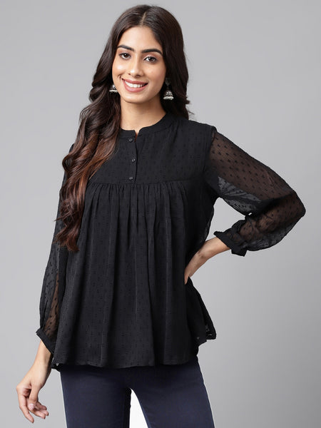 Janasya Women's Black Dobby Chiffon Solid Casual Empire Top - Distacart