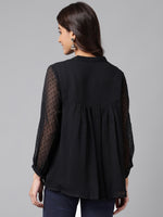 Thumbnail for Janasya Women's Black Dobby Chiffon Solid Casual Empire Top - Distacart