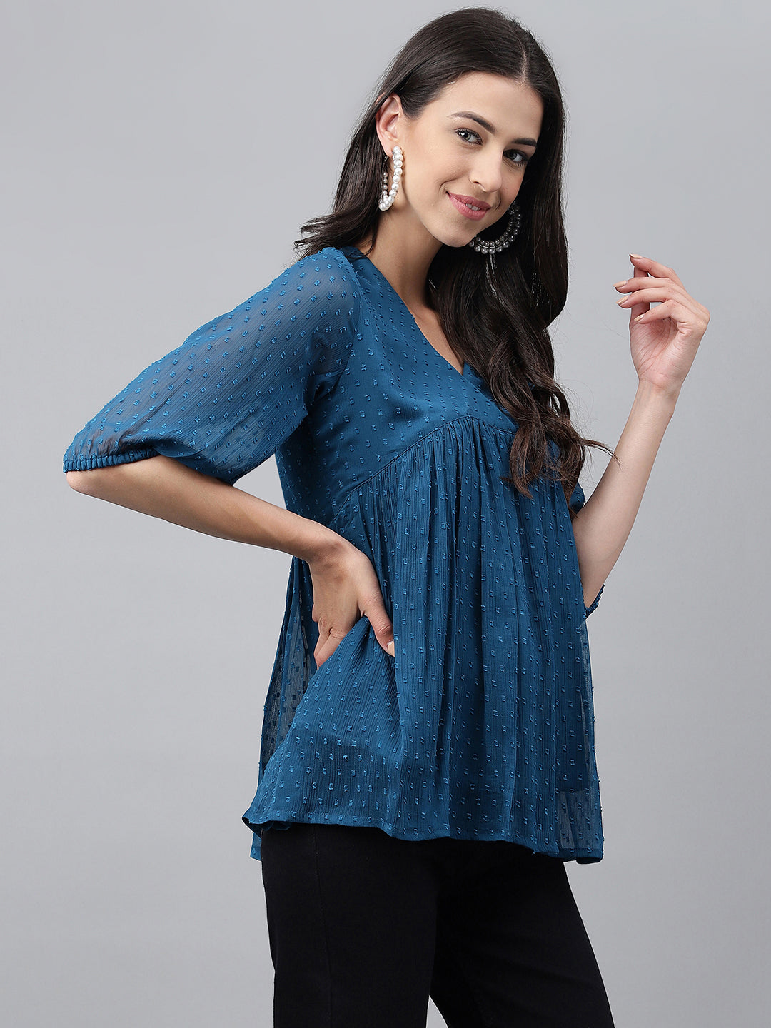 Janasya Women's Teal Blue Dobby Chiffon Solid Casual Empire Top - Distacart