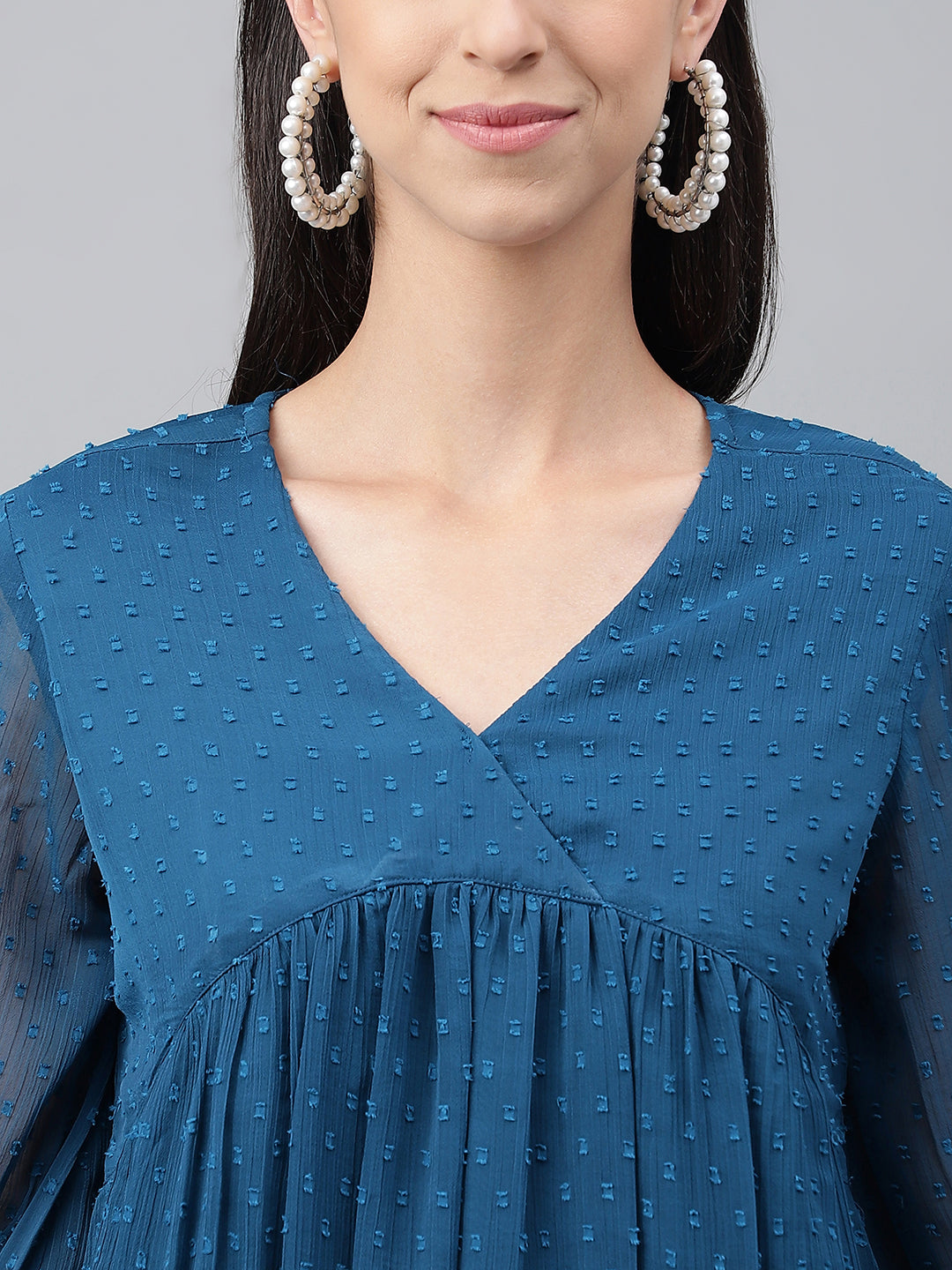 Janasya Women's Teal Blue Dobby Chiffon Solid Casual Empire Top - Distacart