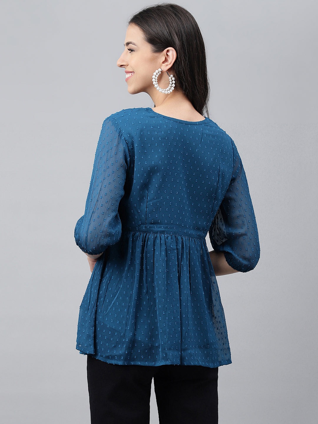 Janasya Women's Teal Blue Dobby Chiffon Solid Casual Empire Top - Distacart