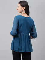 Thumbnail for Janasya Women's Teal Blue Dobby Chiffon Solid Casual Empire Top - Distacart