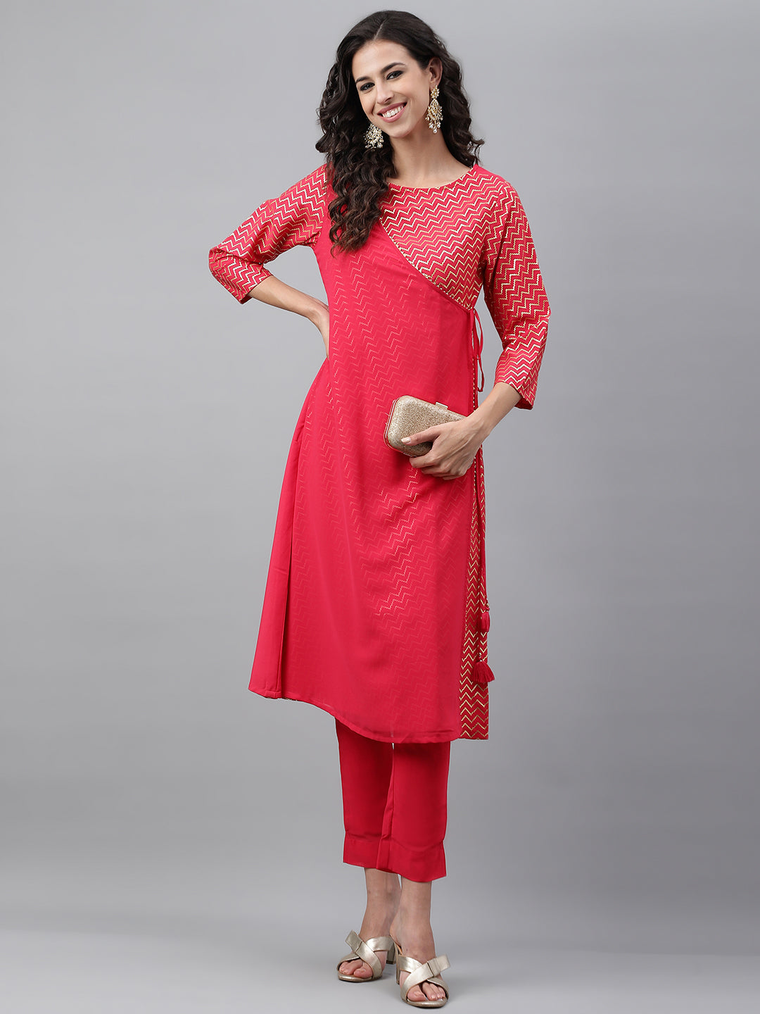 Janasya Women's Pink Crepe Foil Printed Festive Angrakha Kurta - Distacart