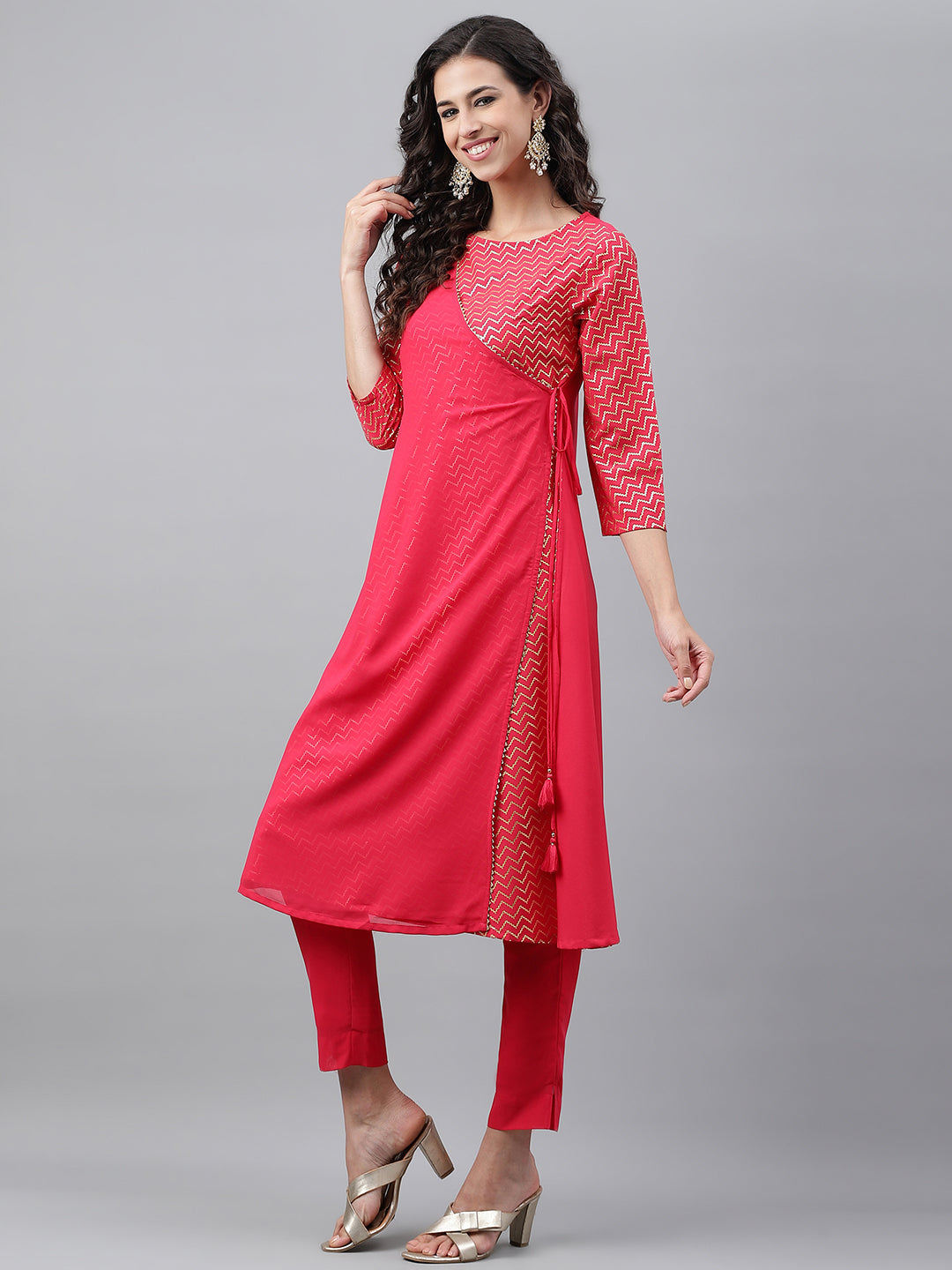Janasya Women's Pink Crepe Foil Printed Festive Angrakha Kurta - Distacart