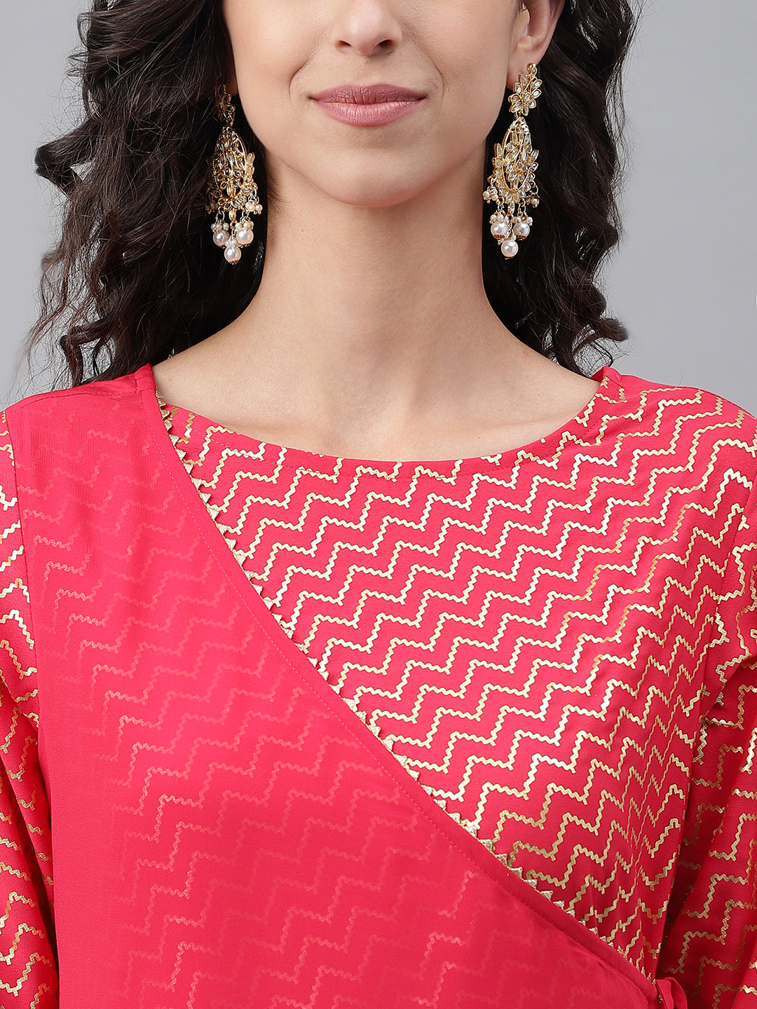 Janasya Women's Pink Crepe Foil Printed Festive Angrakha Kurta - Distacart