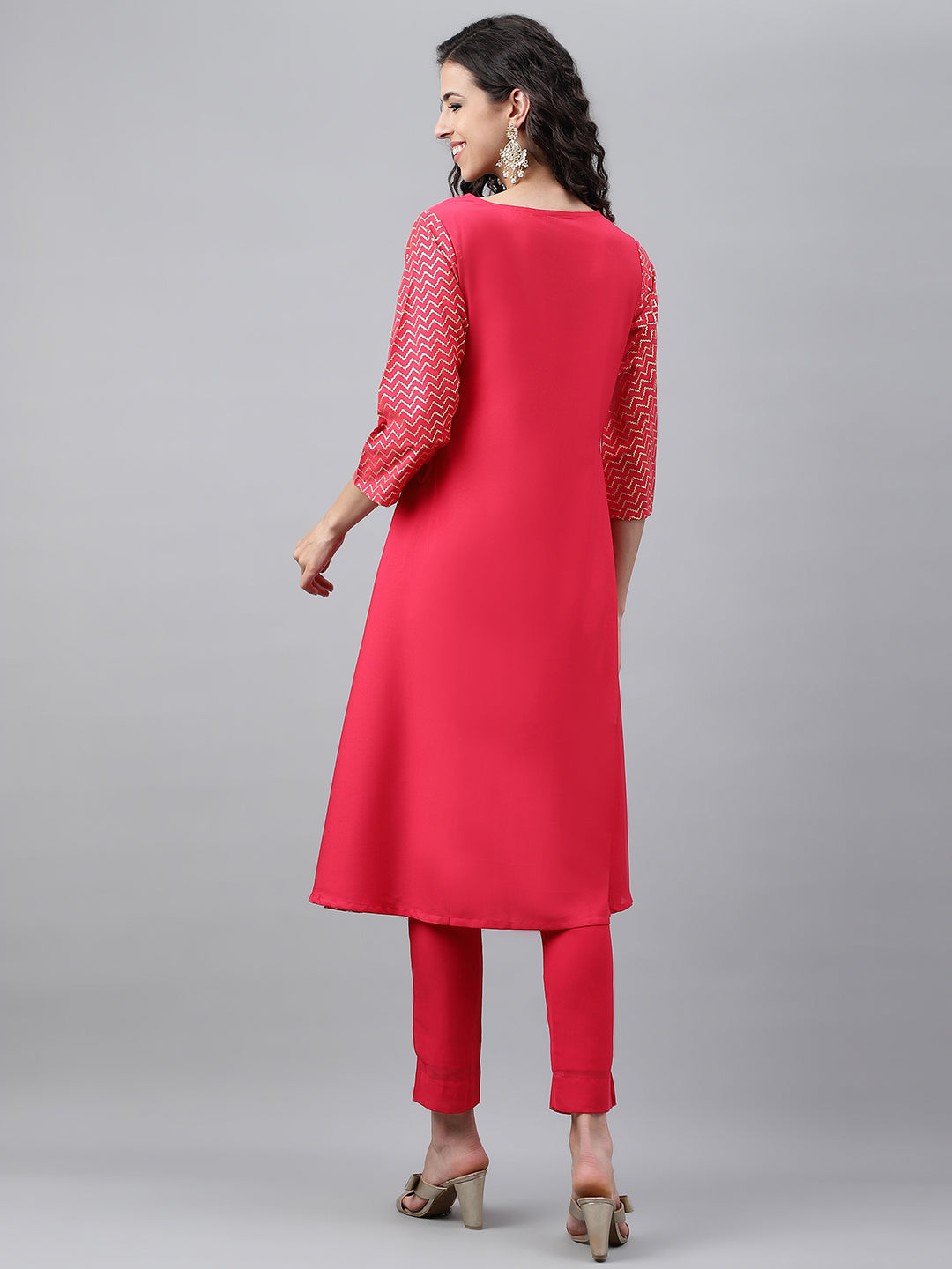 Janasya Women's Pink Crepe Foil Printed Festive Angrakha Kurta - Distacart