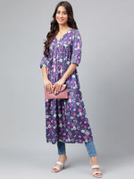 Thumbnail for Janasya Women's Navy Blue Satin Digital Floral Printed Casual Gathered Kurta - Distacart