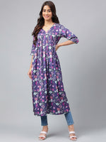 Thumbnail for Janasya Women's Navy Blue Satin Digital Floral Printed Casual Gathered Kurta - Distacart