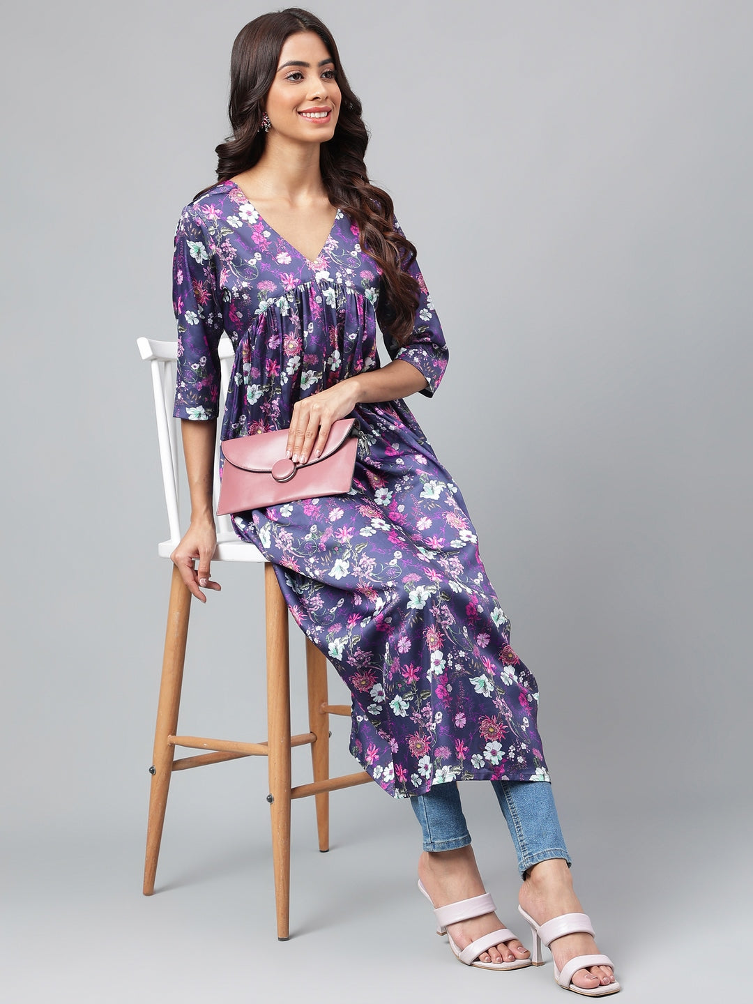 Janasya Women's Navy Blue Satin Digital Floral Printed Casual Gathered Kurta - Distacart