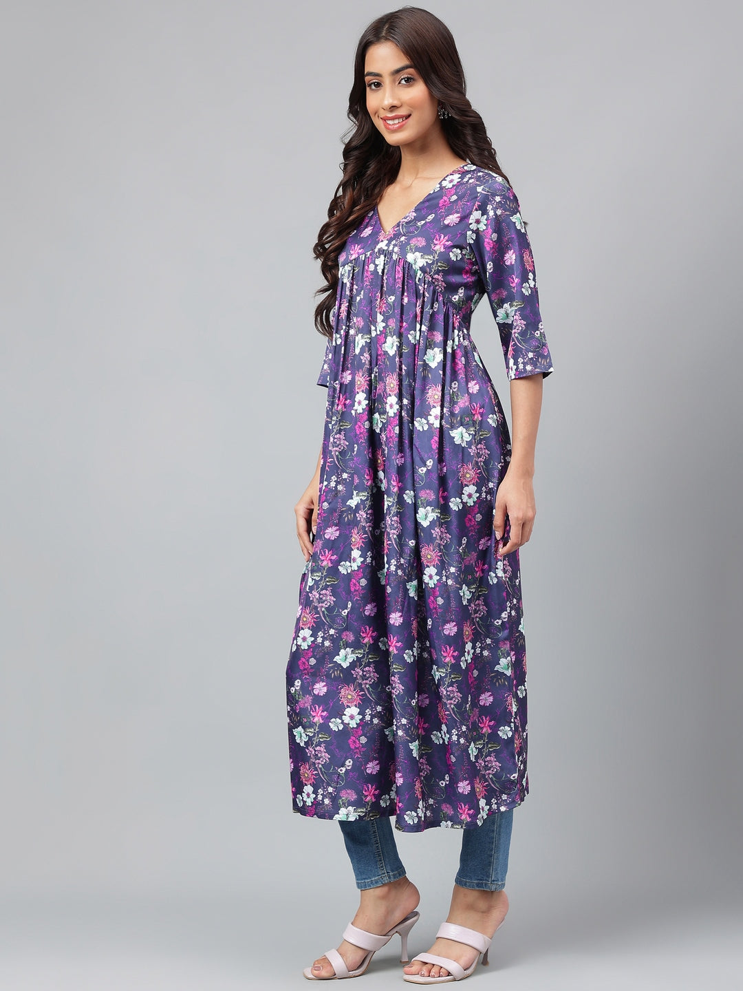Janasya Women's Navy Blue Satin Digital Floral Printed Casual Gathered Kurta - Distacart
