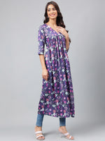 Thumbnail for Janasya Women's Navy Blue Satin Digital Floral Printed Casual Gathered Kurta - Distacart