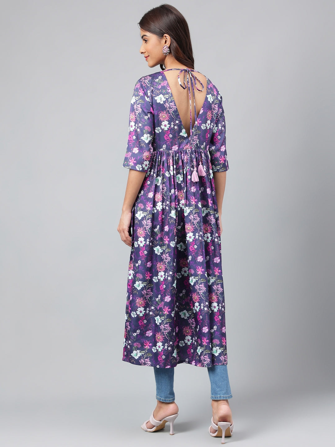 Janasya Women's Navy Blue Satin Digital Floral Printed Casual Gathered Kurta - Distacart