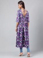 Thumbnail for Janasya Women's Navy Blue Satin Digital Floral Printed Casual Gathered Kurta - Distacart