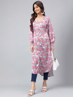 Thumbnail for Janasya Women's Sea Green Satin Digital Floral Printed Casual Gathered Kurta - Distacart