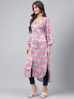Thumbnail for Janasya Women's Sea Green Satin Digital Floral Printed Casual Gathered Kurta - Distacart