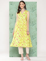 Thumbnail for Janasya Women's Lemon Yellow Moss Digital Floral Printed Casual Gathered Kurta - Distacart