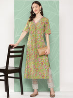 Thumbnail for Janasya Women's Green Cotton Floral Printed Casual Straight Kurta - Distacart