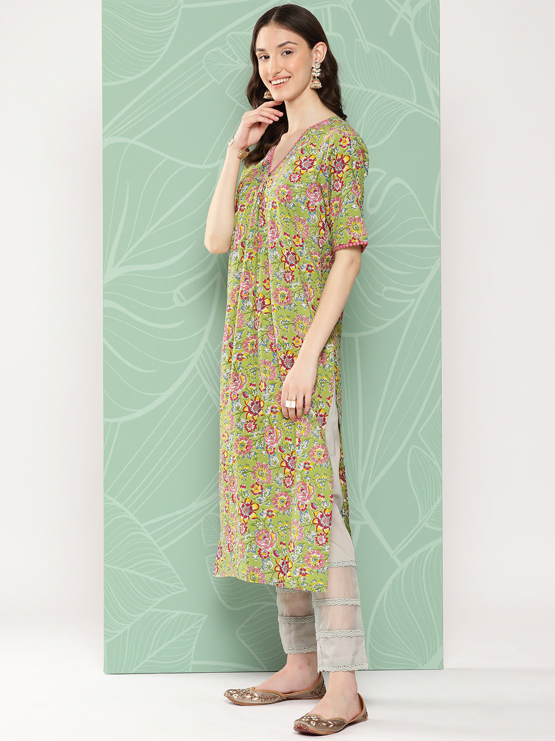 Janasya Women's Green Cotton Floral Printed Casual Straight Kurta - Distacart
