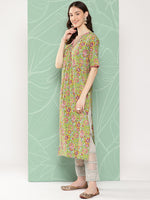 Thumbnail for Janasya Women's Green Cotton Floral Printed Casual Straight Kurta - Distacart