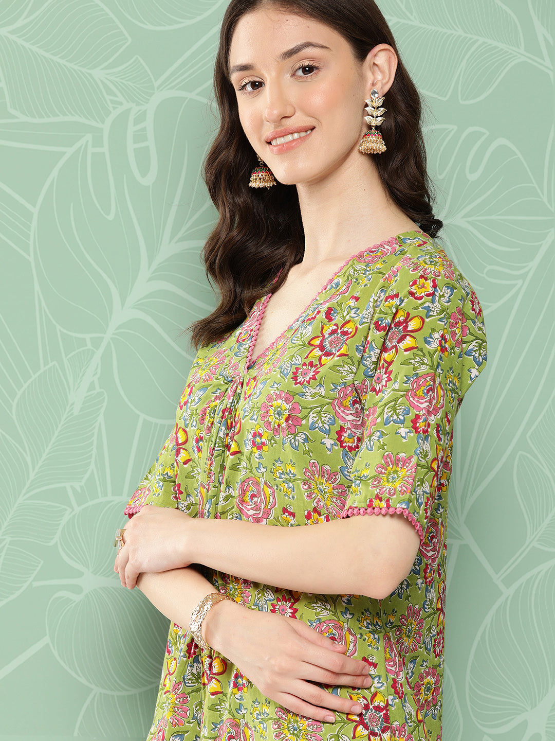Janasya Women's Green Cotton Floral Printed Casual Straight Kurta - Distacart