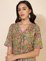 Thumbnail for Janasya Green Cotton Floral Printed Casual Kurta - Distacart