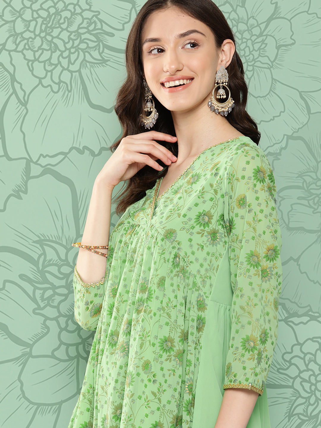 Janasya Women's Light Green Georgette Digital Floral Printed Festive Flared Kurta - Distacart