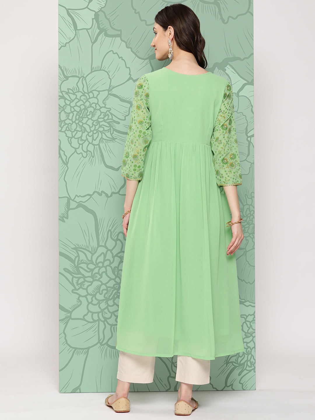 Janasya Women's Light Green Georgette Digital Floral Printed Festive Flared Kurta - Distacart