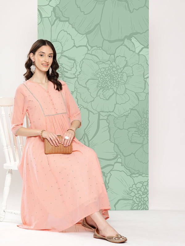 Janasya Women's Peach Georgette Embossed Work Festive Gathered Kurta - Distacart