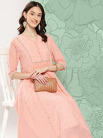 Thumbnail for Janasya Women's Peach Georgette Embossed Work Festive Gathered Kurta - Distacart