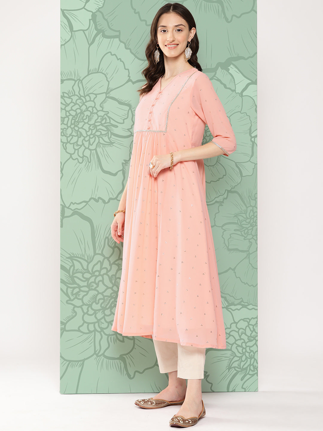 Janasya Women's Peach Georgette Embossed Work Festive Gathered Kurta - Distacart