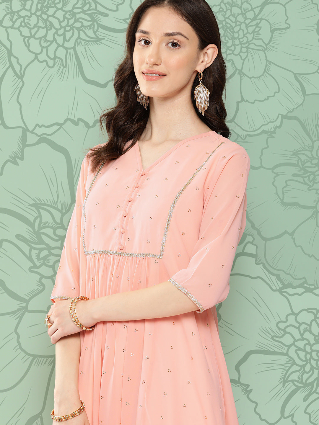Janasya Women's Peach Georgette Embossed Work Festive Gathered Kurta - Distacart
