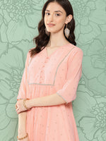 Thumbnail for Janasya Women's Peach Georgette Embossed Work Festive Gathered Kurta - Distacart