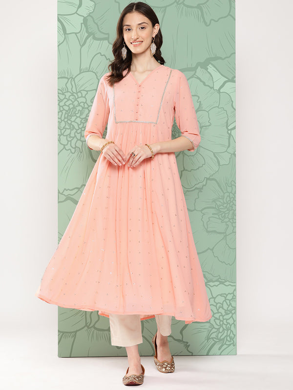 Janasya Women's Peach Georgette Embossed Work Festive Gathered Kurta - Distacart