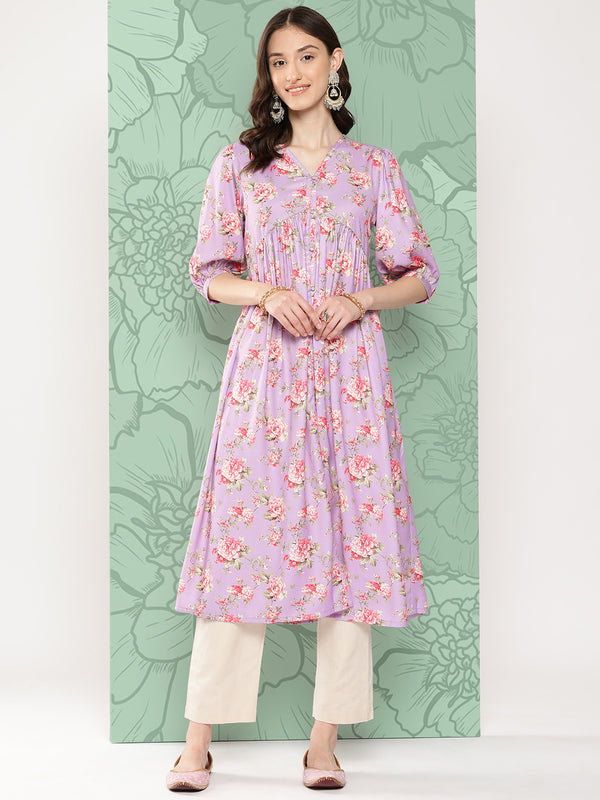Janasya Women's Lavender Moss Digital Floral Printed Festive Flared Kurta - Distacart