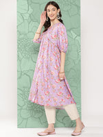 Thumbnail for Janasya Women's Lavender Moss Digital Floral Printed Festive Flared Kurta - Distacart