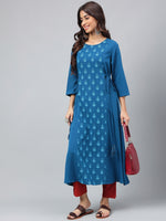 Thumbnail for Janasya Women's Teal Blue Crepe Ethnic Motif Printed Festive A-Line Kurta - Distacart