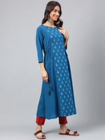 Thumbnail for Janasya Women's Teal Blue Crepe Ethnic Motif Printed Festive A-Line Kurta - Distacart