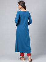 Thumbnail for Janasya Women's Teal Blue Crepe Ethnic Motif Printed Festive A-Line Kurta - Distacart