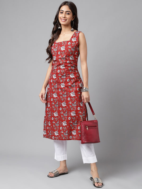Janasya Women's Maroon Cotton Botanical Printed Casual Straight Kurta - Distacart