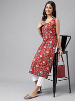 Thumbnail for Janasya Women's Maroon Cotton Botanical Printed Casual Straight Kurta - Distacart