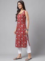 Thumbnail for Janasya Women's Maroon Cotton Botanical Printed Casual Straight Kurta - Distacart