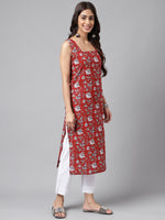 Thumbnail for Janasya Women's Maroon Cotton Botanical Printed Casual Straight Kurta - Distacart