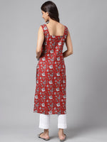 Thumbnail for Janasya Women's Maroon Cotton Botanical Printed Casual Straight Kurta - Distacart