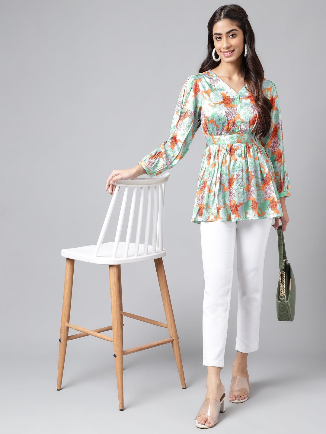 Janasya Women's Orange Satin Digital Floral Printed Casual Peplum Top - Distacart