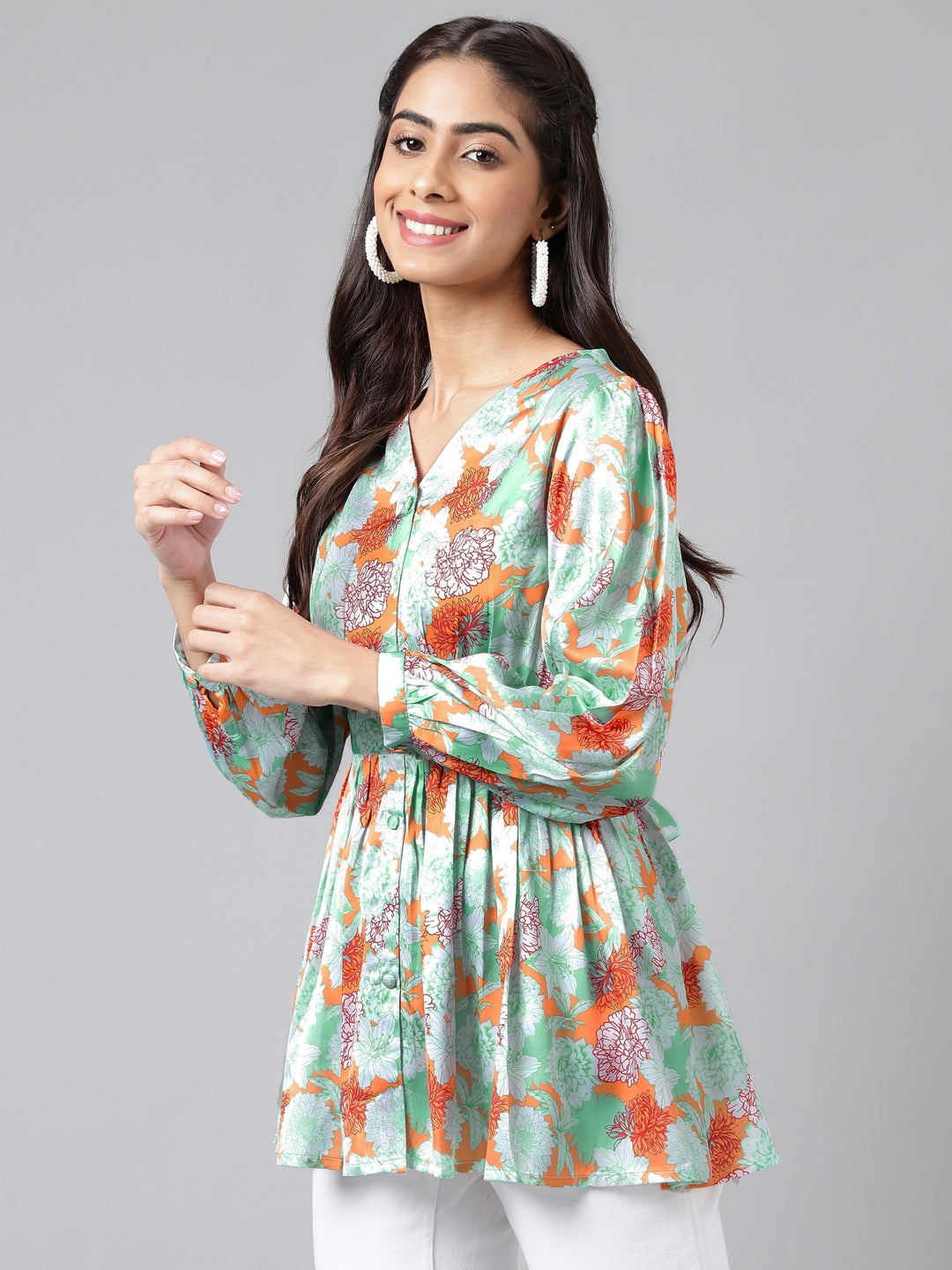 Janasya Women's Orange Satin Digital Floral Printed Casual Peplum Top - Distacart