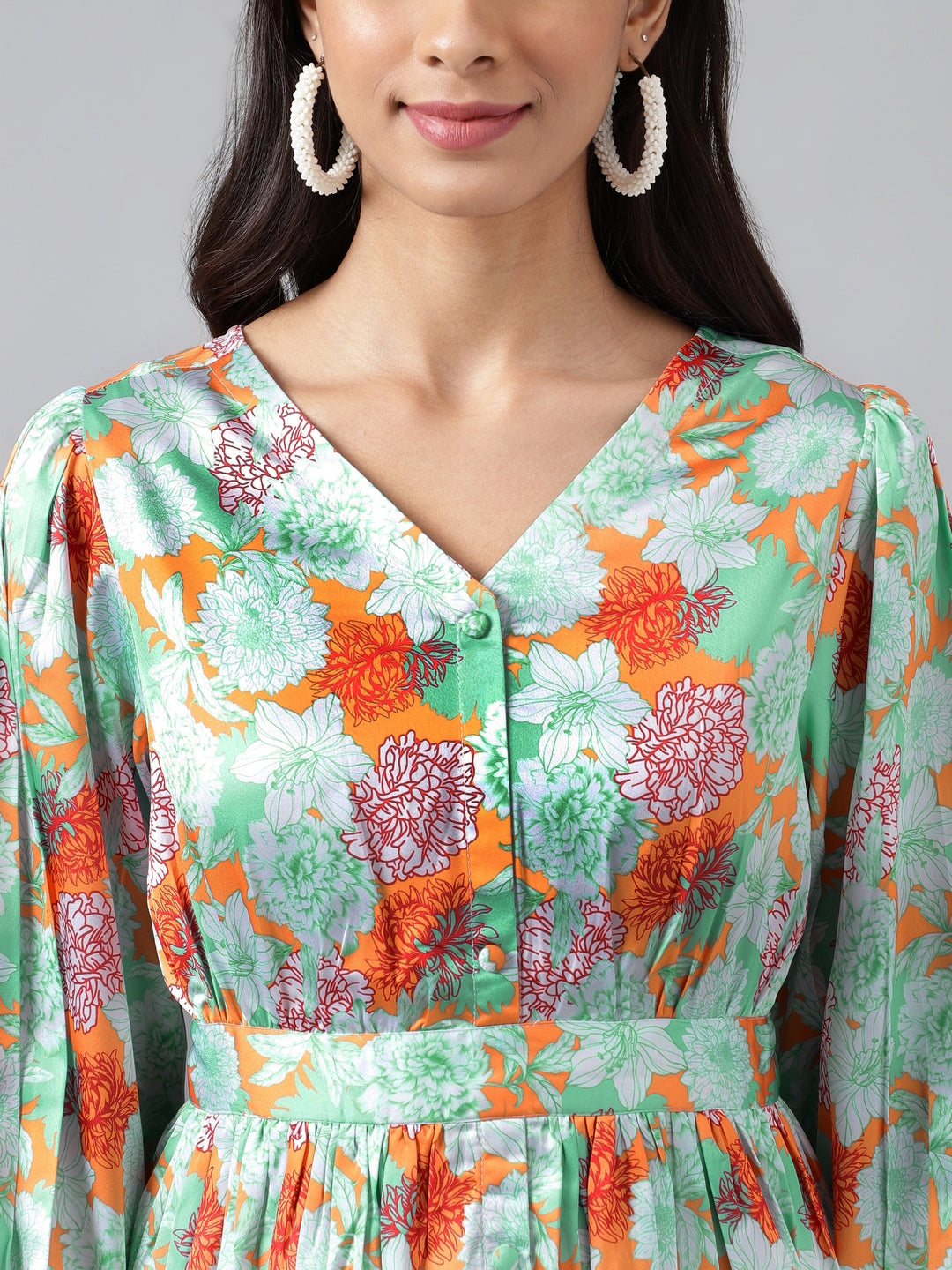 Janasya Women's Orange Satin Digital Floral Printed Casual Peplum Top - Distacart