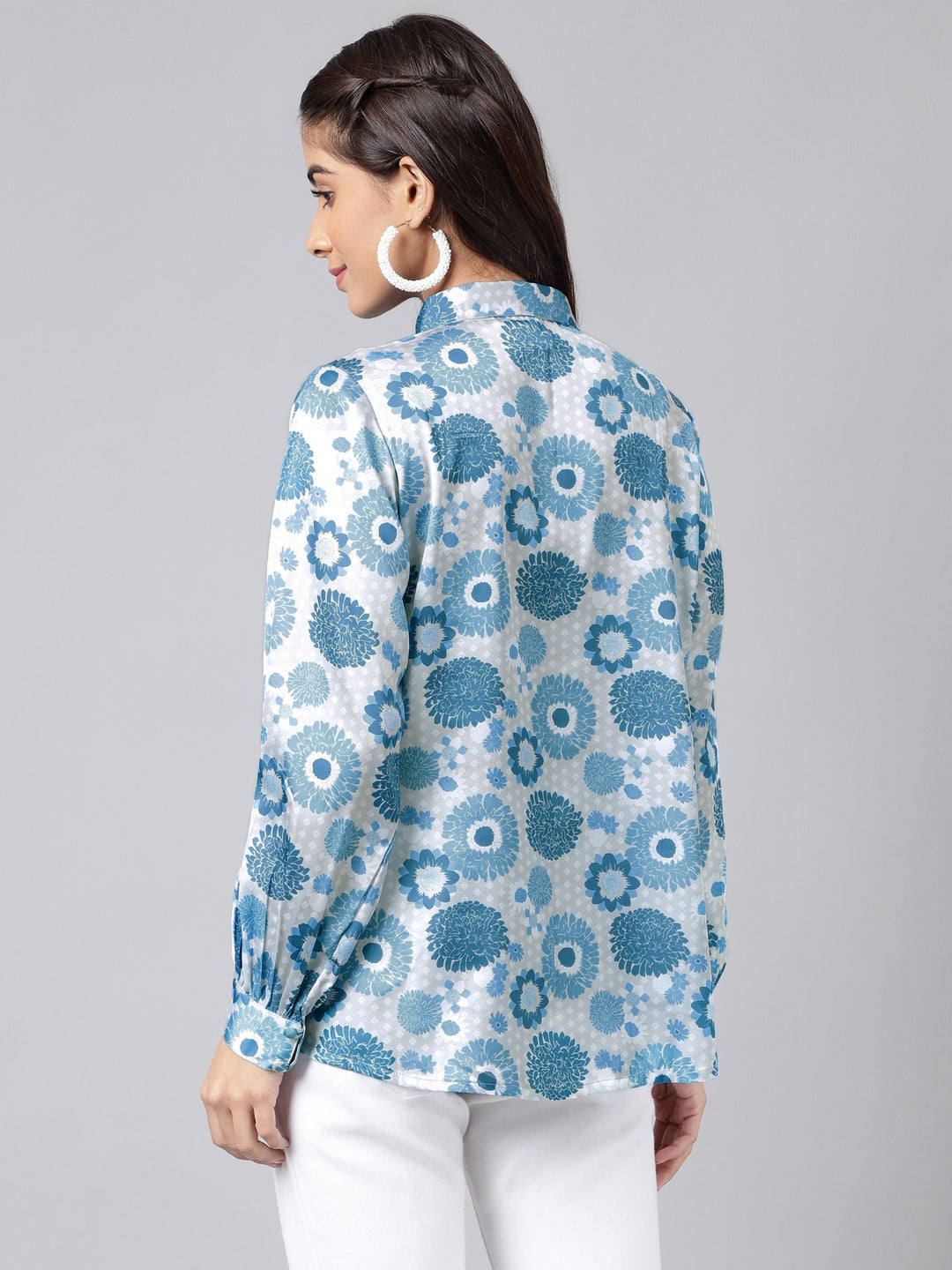 Janasya Women's Grey Satin Digital Floral Printed Casual Shirt Style Top - Distacart